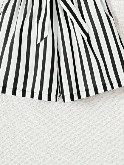 Women's casual daily short sleeved love printed+striped printed shorts 2-piece set with random belt striped children's clothing