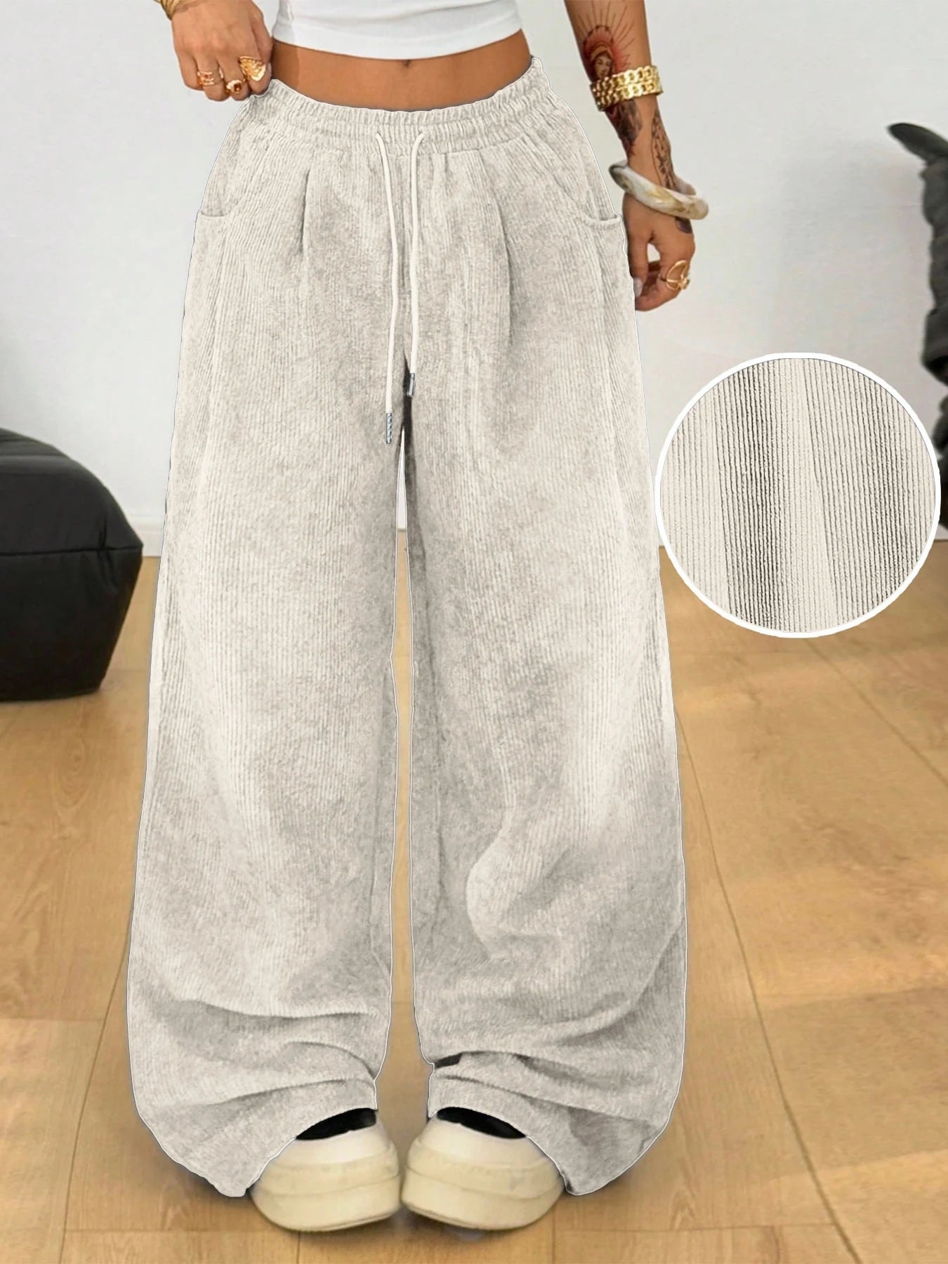 Women's Retro Corduroy Cargo Pants Casual Drawstring Straight Sports Pants Drape Daily Commuting Wide Leg Pants