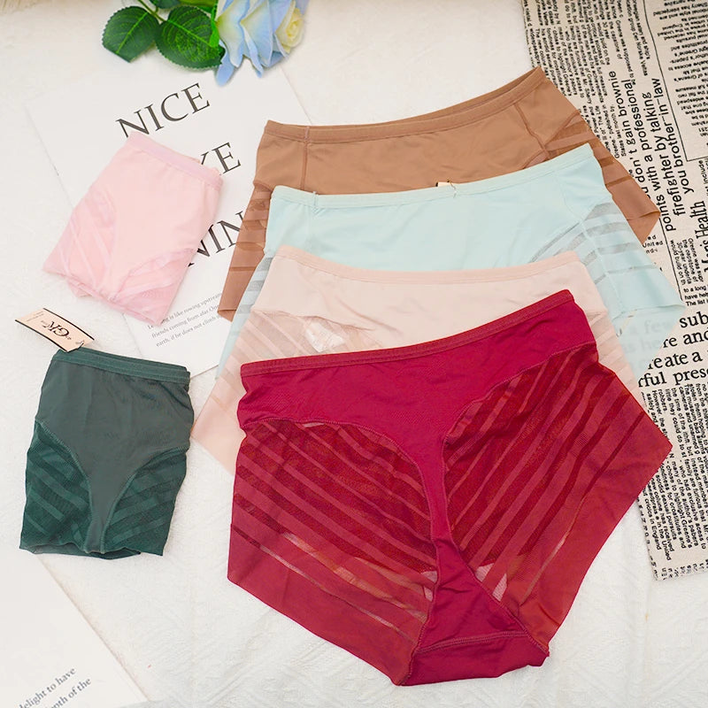 High-Waisted Mesh Ice Silk Triangle Pants Large Size Breathable Sexy Striped Seamless Underwear