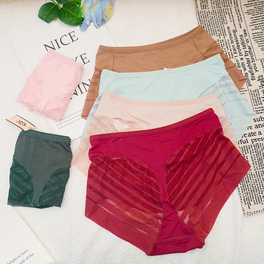 High-Waisted Mesh Ice Silk Triangle Pants Large Size Breathable Sexy Striped Seamless Underwear