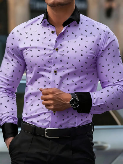 New Men's Fashion Anchor Print Contrast Color Lapel Long Sleeve Shirt Business Casual Slim Fit Non-iron Versatile Shirt XS-6XL