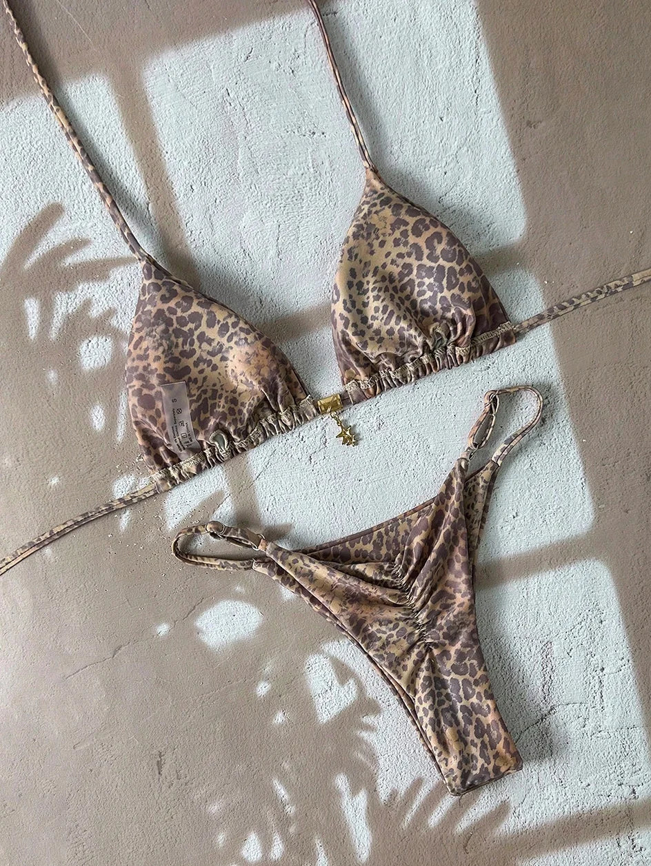 Leopard Push Up Bikinis - Two Piece Micro Bikini Sets With Wire Free Halter Neck