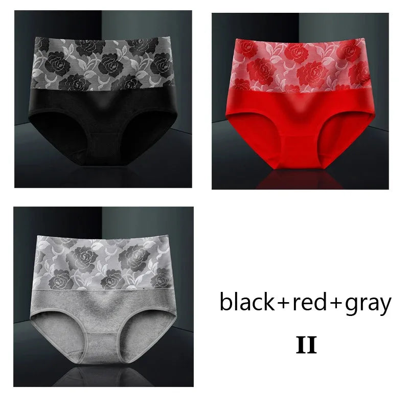 Plus Size L-5XL Women's Briefs Underwear Cotton High Waist Tummy Control Panties Rose Jacquard Ladies Panty Multipack
