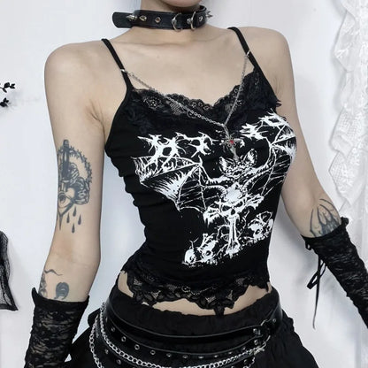 AltGoth Gothic Punk Camis Women Streetwear Harajuku Y2k Grunge Graphic Bat Printed Lace Patchwork Crop Tank Top with Chain Femme