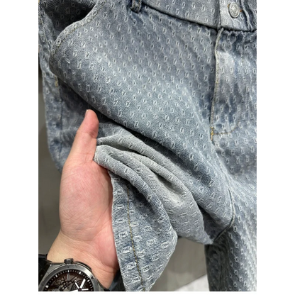 Retro Jacquard Washed Denim Shorts Men's Summer American Vibe Casual Straight Loose Five-Minute Pants