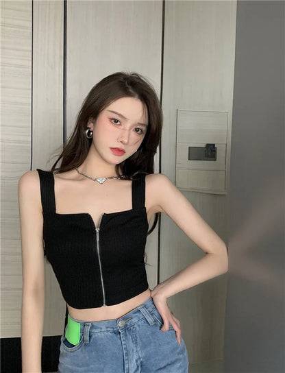 2025 Y2K Top Women Zipper Fly Camisoles Knitted Sexy Summer Tank Tops Sleeveless Female Solid Crop Top