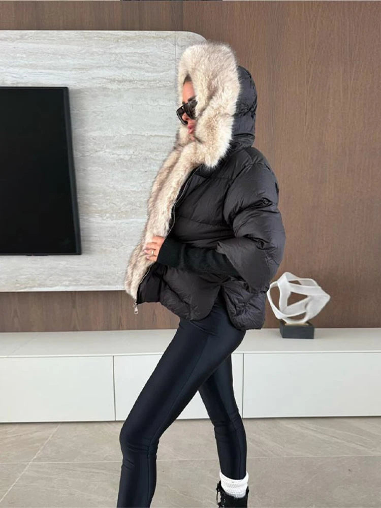 Women's Hooded Jacket - Quilted Cotton Winter Coat With Faux Fur Collar & Knitted Cuffs