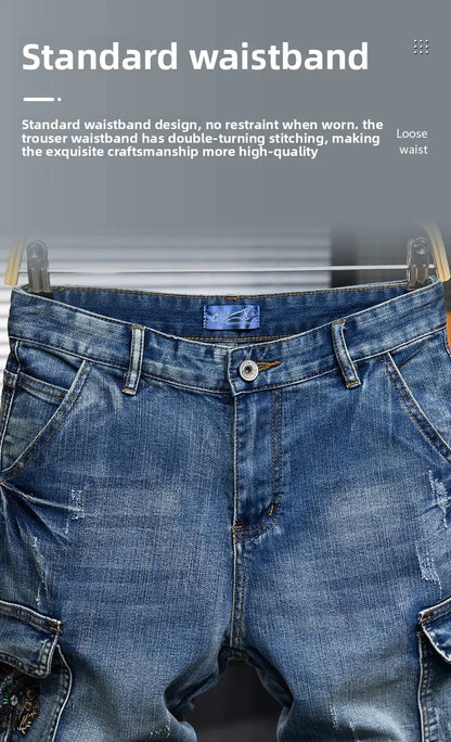 Men's Denim Shorts - Multi-Pocket Cargo Summer Jeans | Loose Fit, Midweight Fabric