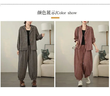 Retro Stripe Cotton And Linen Suit 2024 Women's Autumn Temperament Casual Wide Leg Harem Pants Loose Oversized 2 Piece Set K2478