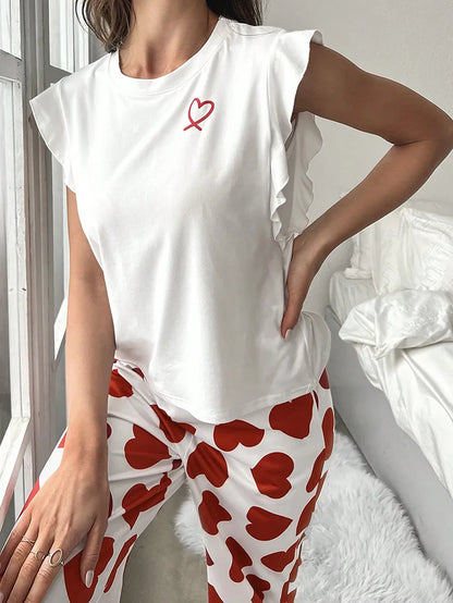 Spring Summer Heart Print Sleepwear Women Comfortable Pajamas Set Short Sleeve T-shirt with Pants Casual Homewear Loungewear