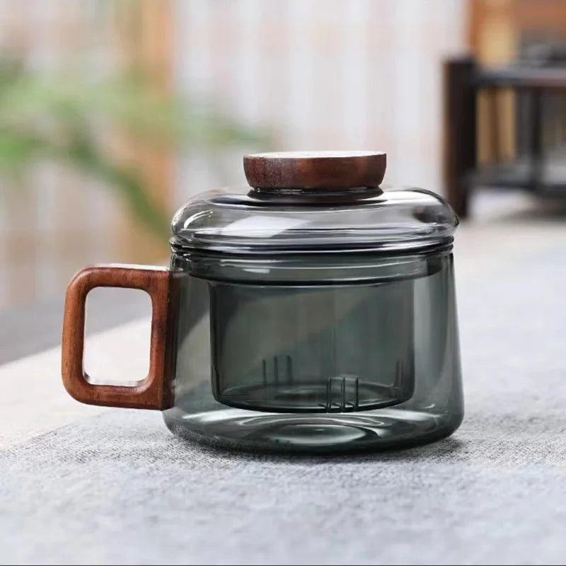 Heat Resistant Glass Tea Infuser Cup - 200ml Teacup with Wood Handle and Filter for Kung Fu Tea Set - ZOOMNSTORE