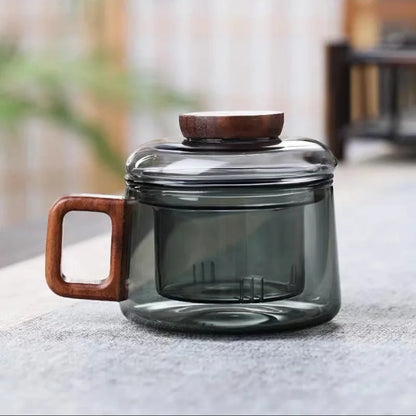 Heat Resistant Glass Tea Infuser Cup - 200ml Teacup with Wood Handle and Filter for Kung Fu Tea Set - ZOOMNSTORE