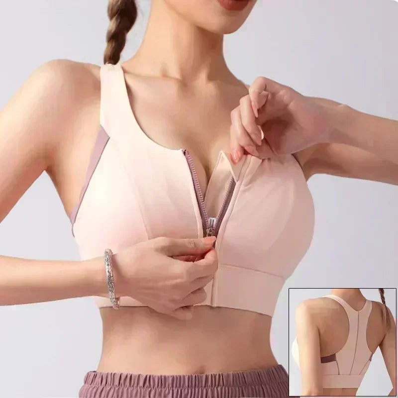 Front Zipper Sports Bra - Women's Athletic Crop Top, Push Up Wireless Fitness Tank