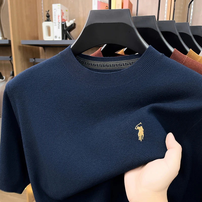 High-end Men's Crew Neck Knitted Sweater Casual Embroidered Trendy Base Shirt Short-sleeve T-shirt Solid Color Top for Summer
