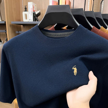High-end Men's Crew Neck Knitted Sweater Casual Embroidered Trendy Base Shirt Short-sleeve T-shirt Solid Color Top for Summer