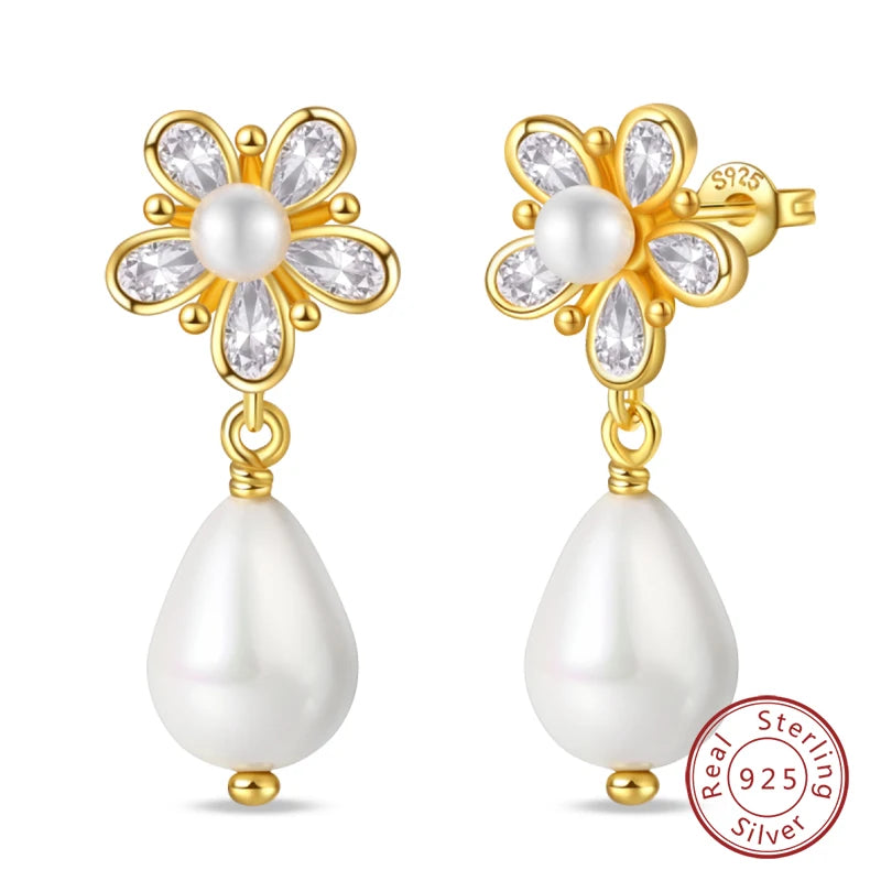 Silver Gold Pearl Earrings - 925 Sterling Silver Bee Star Moon Design Studs