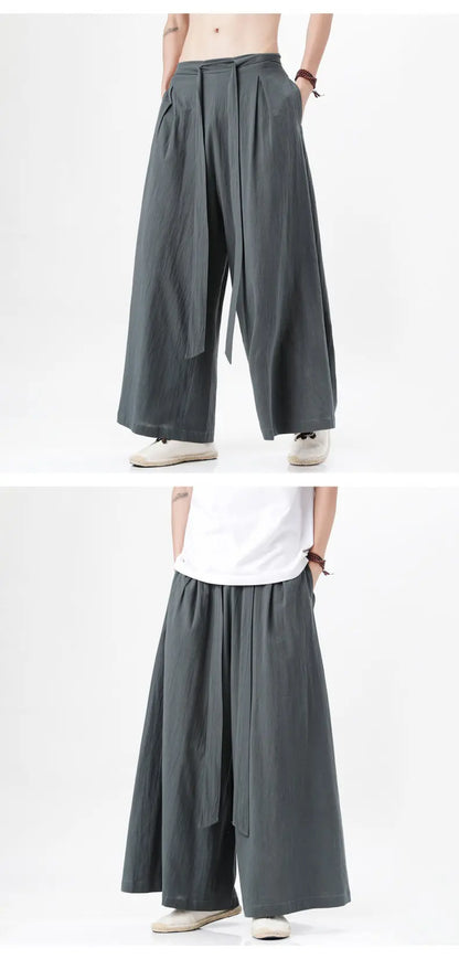 Chinese Style Linen Cotton Retro Pants Man Summer Kimono  Solid Color Traditional Pants Male Streetwear Casual Wide-Leg Trousers