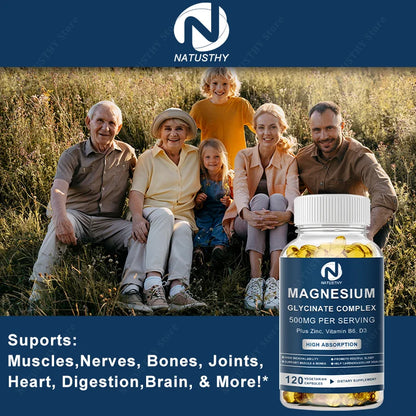 Magnesium Glycinate Supplement 500mg & Zinc, Vitamin D3 B6 High Absorption Support for Women & Men Mineral Vegan Capsules