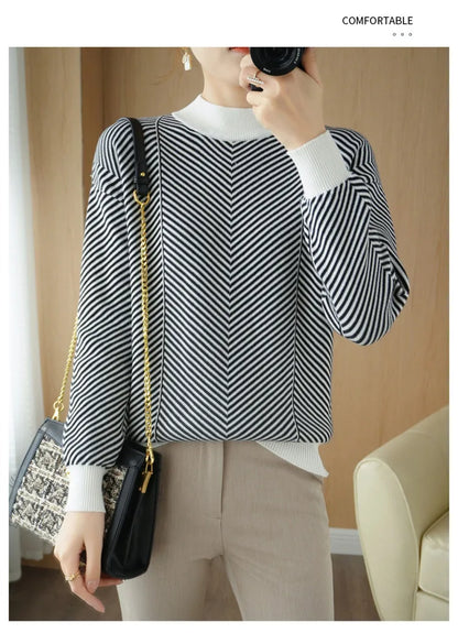 Women's autumn and winter 100% pure cotton knitted semi high neck pullover casual striped warm sweater fashionable hot selling