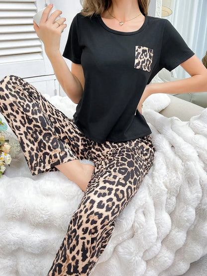 Women's Pajamas, Casual Leopard Print Comfortable Top with Pockets, Short Sleeves and Long Pants, Can Be Worn Outside, Loungewear Pajama Set