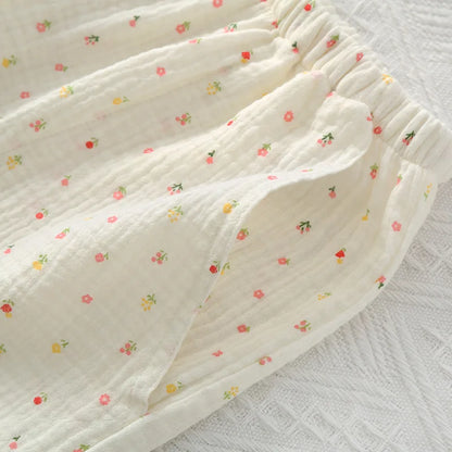 Pajamas pure cotton three-piece set spring and summer thin crepe autumn gauze lapel short-sleeved trousers shorts loungewear set