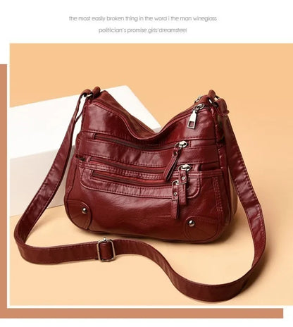 Soft Leather Shoulder Bag - Women's Crossbody Double Layered Large Capacity Tote