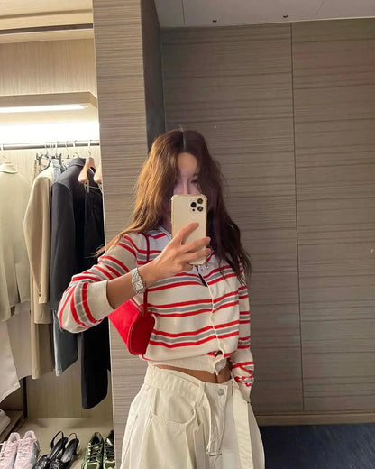 Spring New Classic Striped round Neck Button up Soft Knitted Open Cardigan Fashionable Design Sensation Women's Sweater