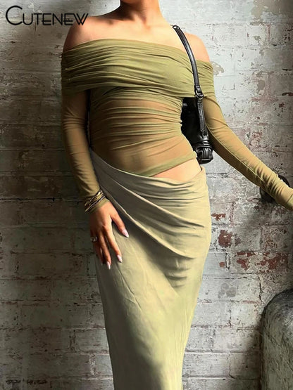 Mesh Ruched Maxi Dress - Sexy Sheath Off Shoulder Ankle Length Party Dress