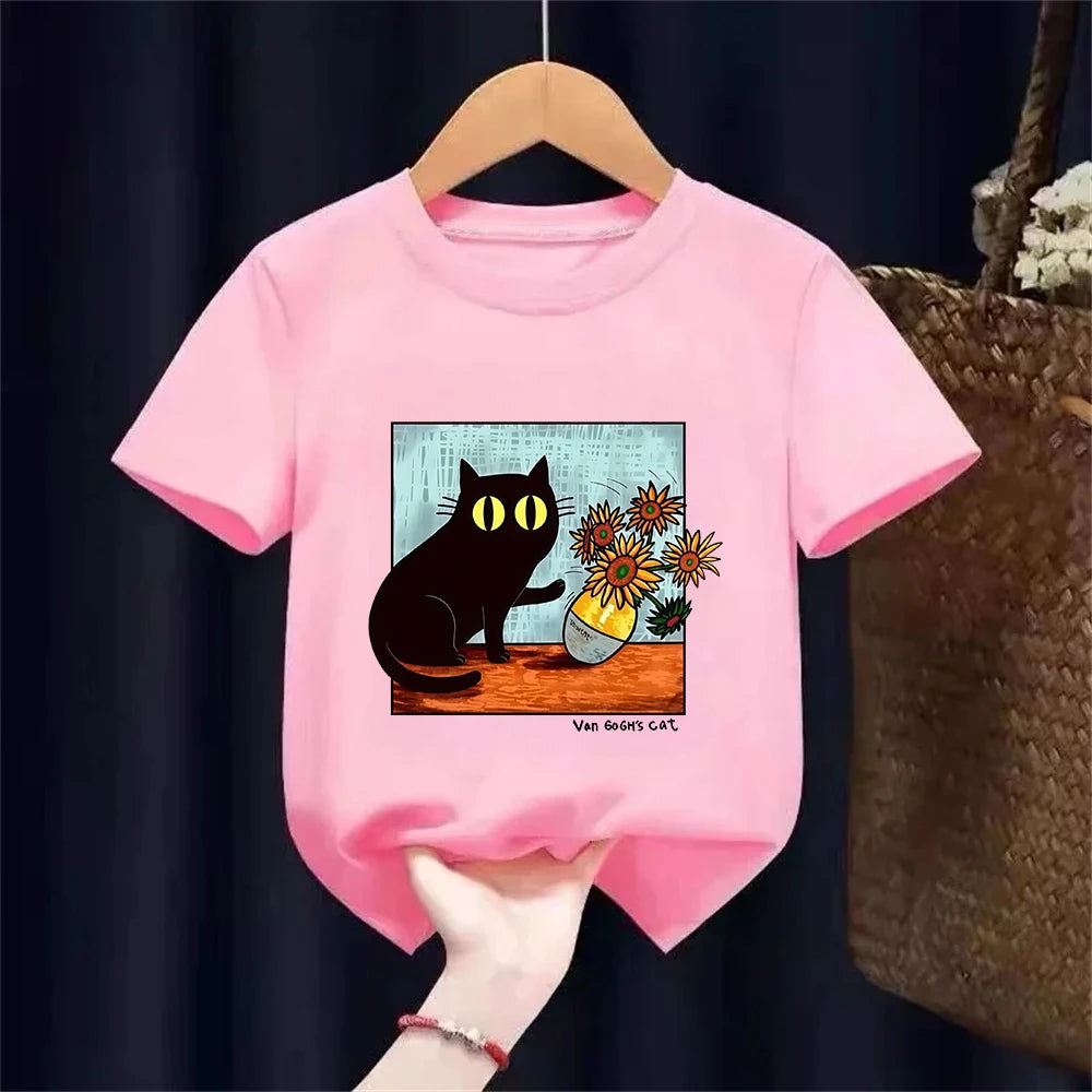 Van Gogh Cat Graphic T Shirts Boys/girls Flower Black Cat T-shirt Round Neck Short Sleeve Trendy Tee  Kawaii Kids Clothing