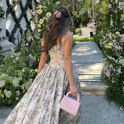 Summer Midi Dress - Women's Floral Print Elegant Camisole Fit and Flare Holiday Dress