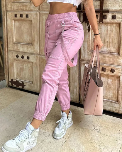 Women's Cargo Pants Casual Trousers 2026 Spring Autumn Solid Color Trend Street Pocket Design Cuff Suspenders Streetwear Women