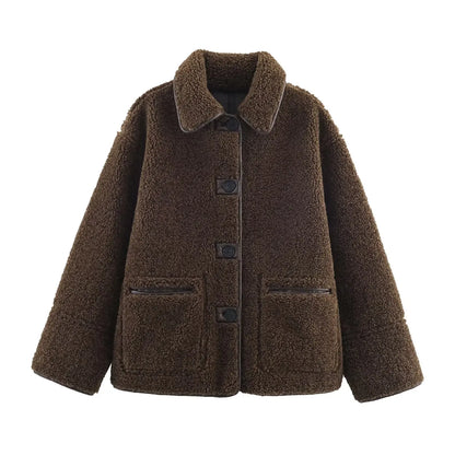 Women Warm Jacket - Casual Streetwear Single Breasted Lapel Collar Coat With Button Decoration