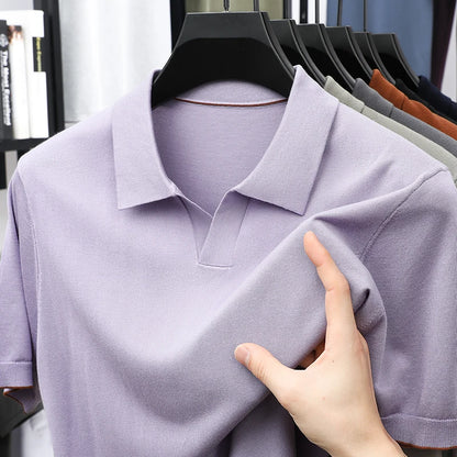 100%  Lyocell Knitwear 2025 Men Spring Summer Trendy Turn Down Collar Knit Tees Short Sleeve Breathable Knit Tops
