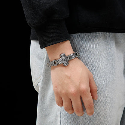 Fongten Cross Charms Bangle For Men Stainless Steel Heavy Mens Bangle Bracelets Male Retro Rune Silver Color Jewelry Armband