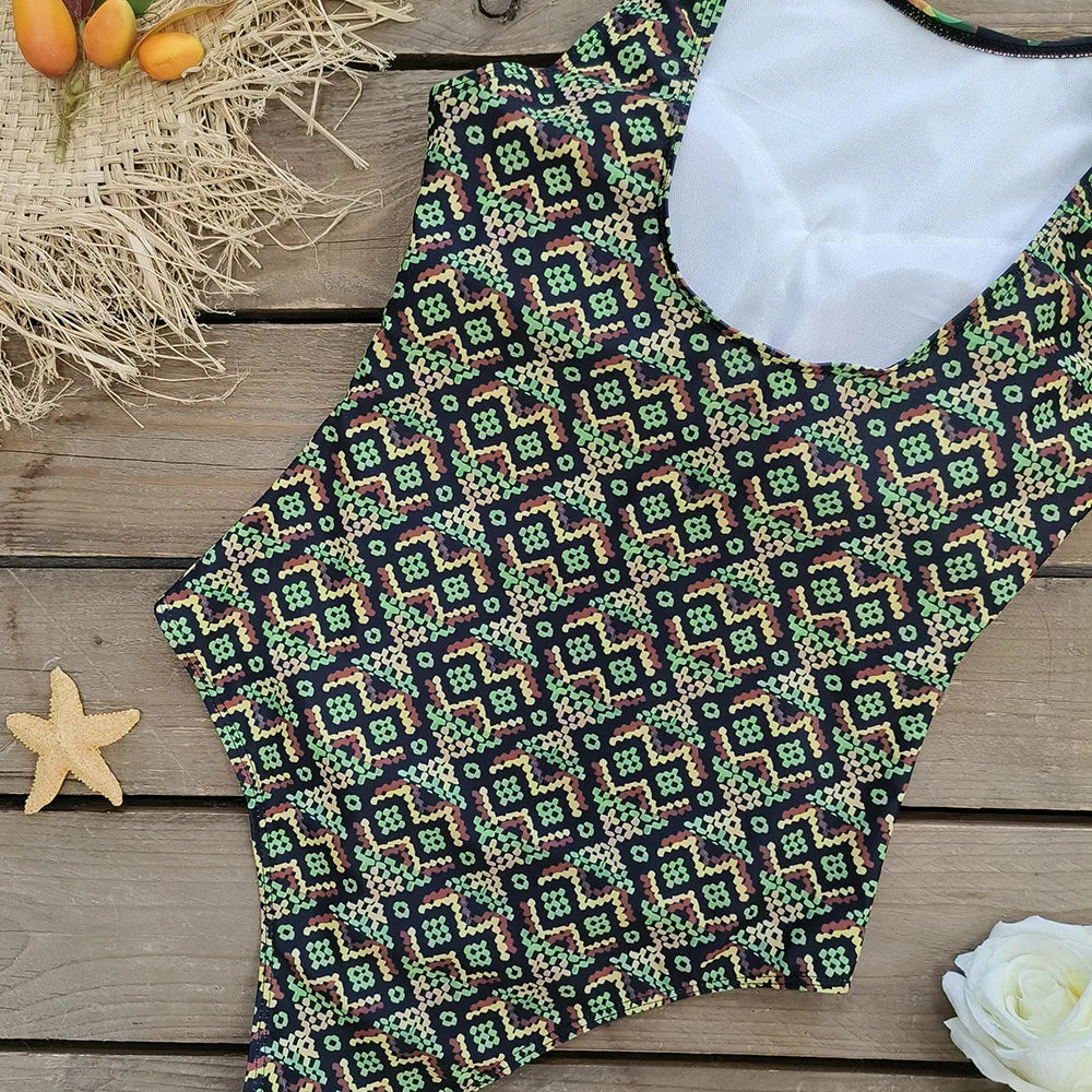 2026 New Printed One-piece Swimsuit Classic Printed Lace Up Swimsuit Women's Push Up Flower One-piece Suit Beach Wear For Female