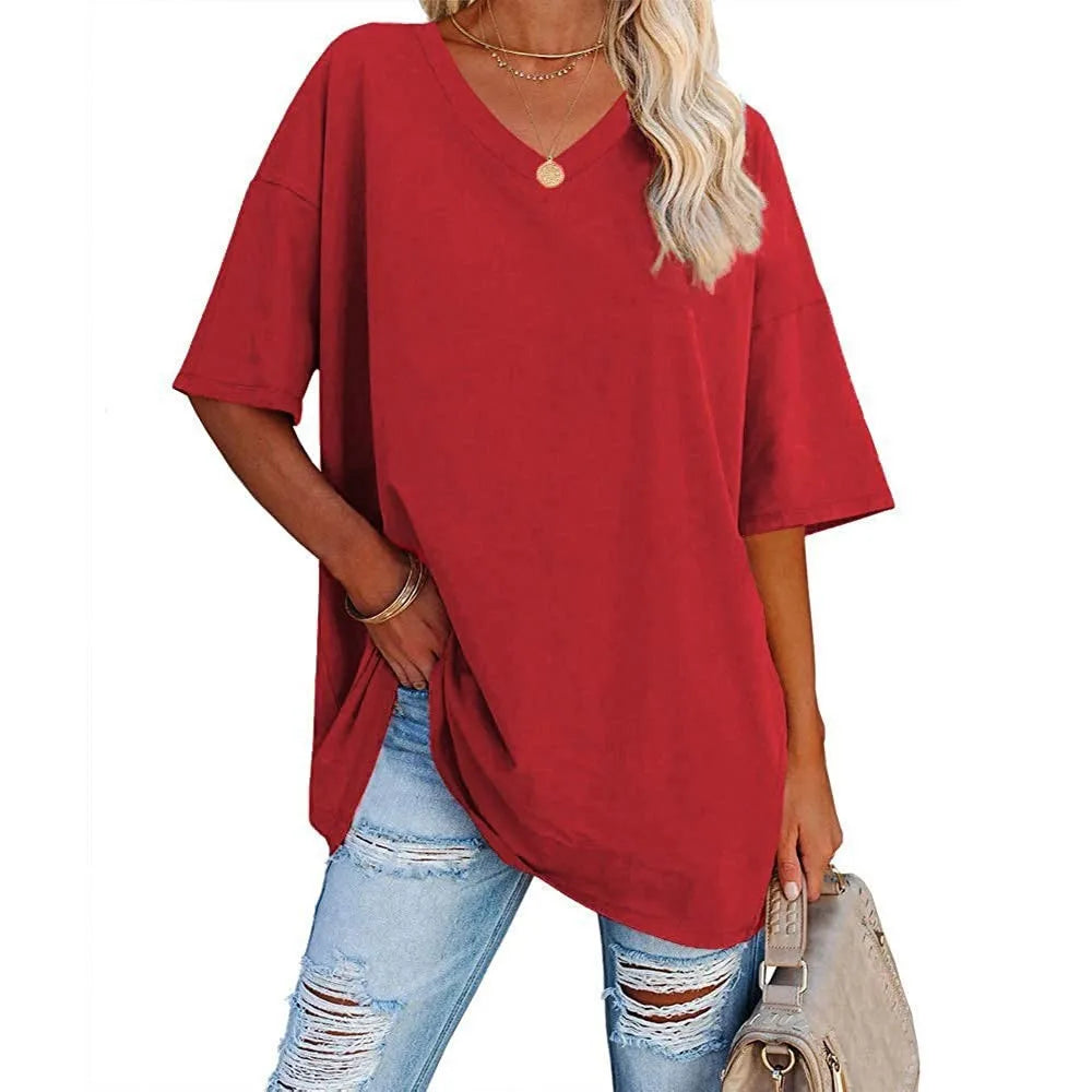 Women's Short Sleeve T Shirt - Cotton Broadcloth Polyester Fabric Top, Loose Fit Tee