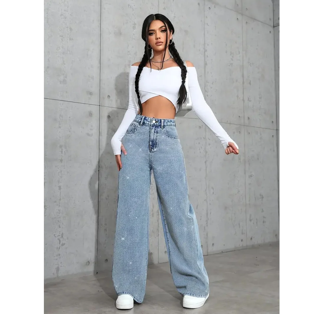 Womens Plus Size Loose Jeans Casual Straight Denim Pants Elastic Stretch Comfort Fit Decorated with Beaded Embroidery Jeans