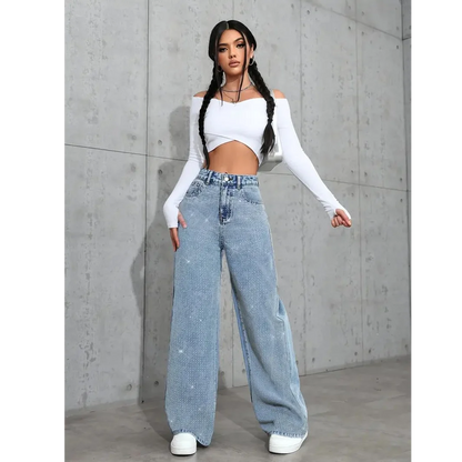 Womens Plus Size Loose Jeans Casual Straight Denim Pants Elastic Stretch Comfort Fit Decorated with Beaded Embroidery Jeans