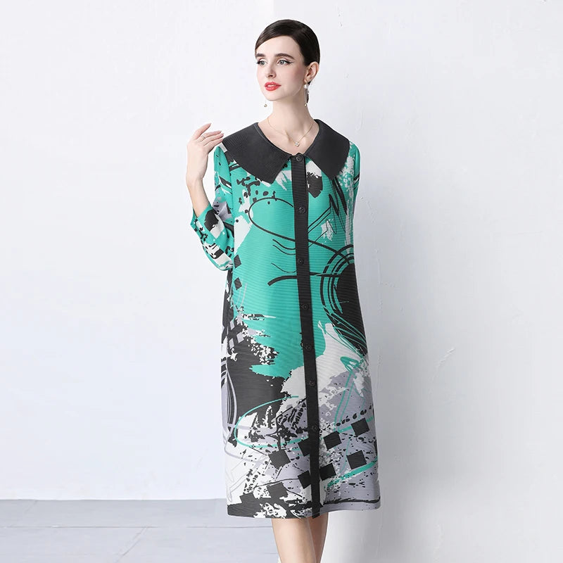 Miyake Pleated Drape Dress Women 2024 Spring Summer Colorblock Printing Lapel 3/4 Sleeve Single-breasted Fashion Shirt Dresses