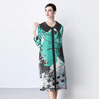 Miyake Pleated Drape Dress Women 2024 Spring Summer Colorblock Printing Lapel 3/4 Sleeve Single-breasted Fashion Shirt Dresses