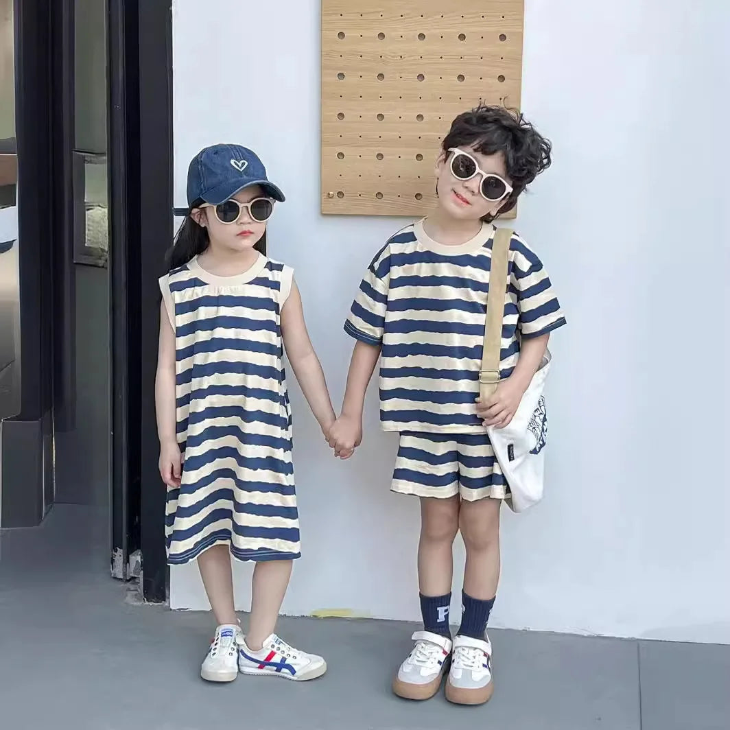 1pcs Summer Chldren Boy Stripe Short Sleeve Tops+Shorts Set Girl Sleeveless Vest Skirt Kids Toddler Fashion Leisure Clothes Set