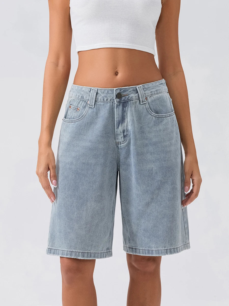 New Fashion Womens Knee Length Denim Shorts Loose Solid Color Low Rise Wide Leg Long Shorts With Pockets For Summer S-2XL
