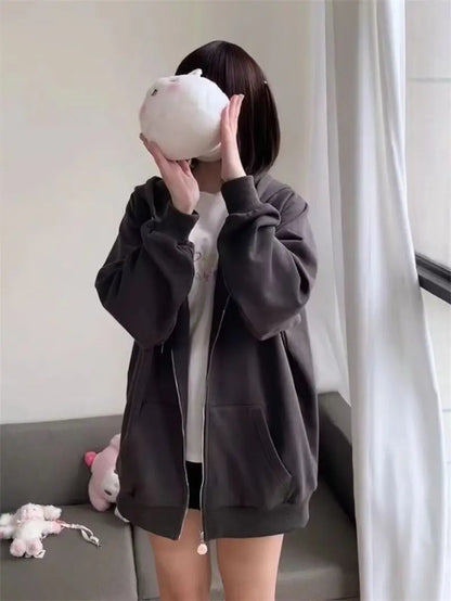 Zipper Hoodie Gothic Cartoon Kawaii Cat Ear Y2k Jacket Zip Up Thin Coat Spring Autumn Cute Core 2000s Clothes Fall Sweatshirts