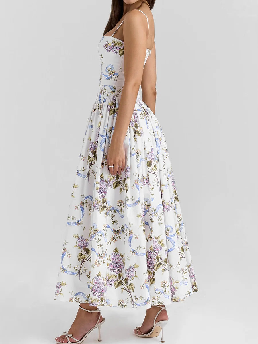 Summer Midi Dress - Women's Floral Print Elegant Camisole Fit and Flare Holiday Dress
