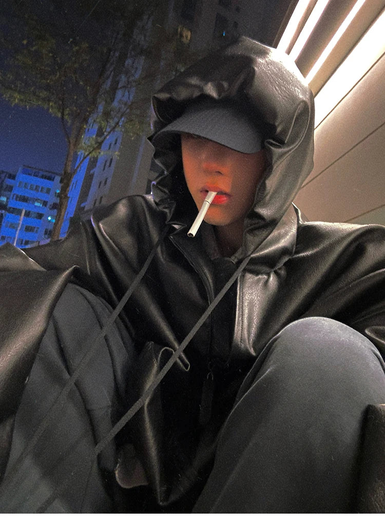 Mauroicardi Spring Autumn Short Oversized Black Soft Pu Leather Jacket Men with Hood Zipper Loose Casual Korean Fashion Clothes
