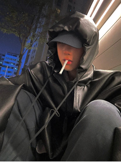 Mauroicardi Spring Autumn Short Oversized Black Soft Pu Leather Jacket Men with Hood Zipper Loose Casual Korean Fashion Clothes