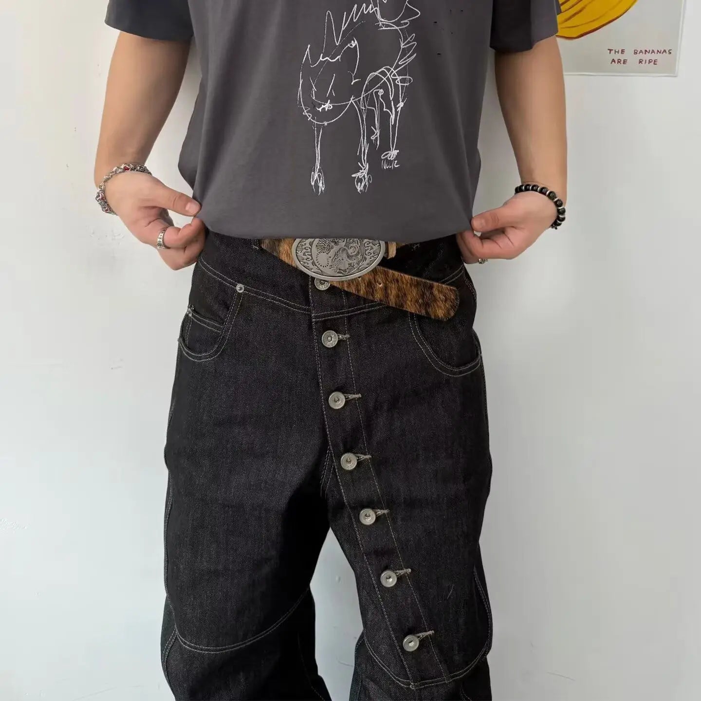 American Retro Long Row Button Design Men's Jeans High Street Loose Wide Leg Floor-Length Trousers Trendy Casual Jeans