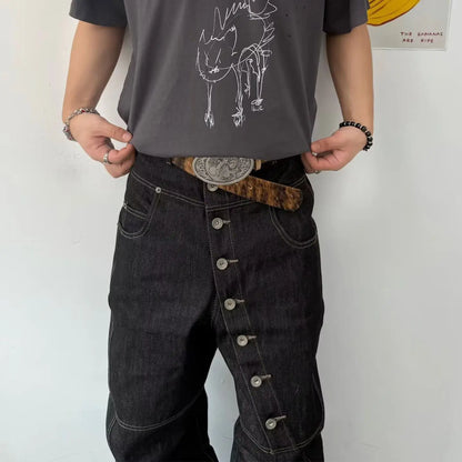 American Retro Long Row Button Design Men's Jeans High Street Loose Wide Leg Floor-Length Trousers Trendy Casual Jeans