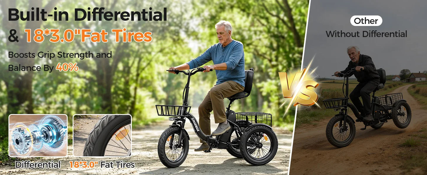 Spacewalk 1200W Peak Electric Trike for Adults, 48V 15Ah Battery 3 Wheel Electric Bike with 60 Miles Range, 18×3.0 Fat Tires, Dual Disc Brakes, Rear Cargo Basket, Adjustable Comfort Seat, Folding E Tricycle for Seniors-Black