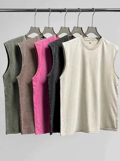 Summer Men's Washed Cotton Tank Tops Muscle Gym Sleeveless Workout T Shirts Running Beach Loose Cutoff Tees